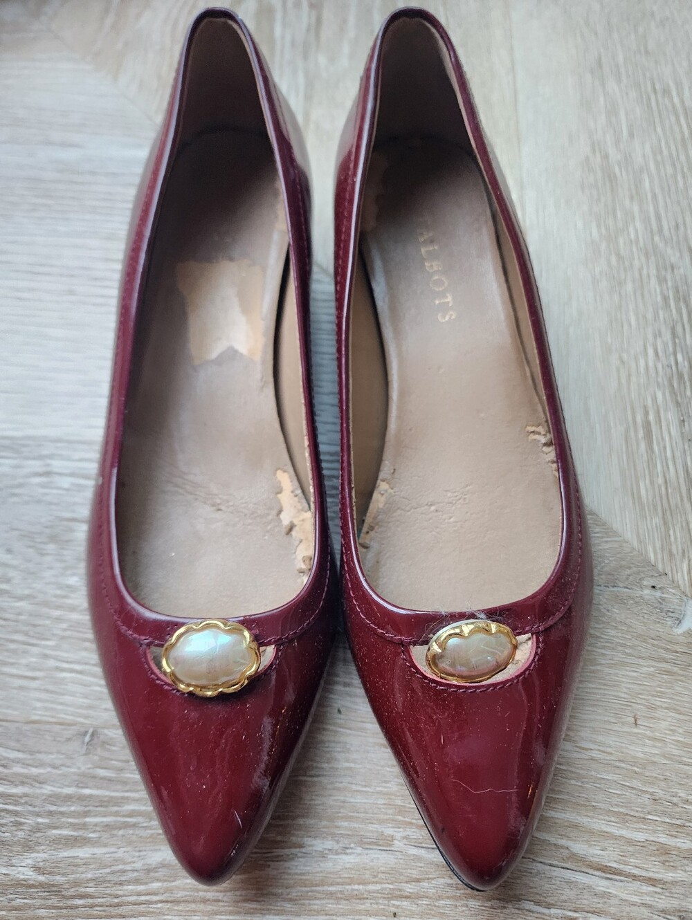 Talbots Burgundy Pointed-Toe Flats with Added Pearl Embellishment